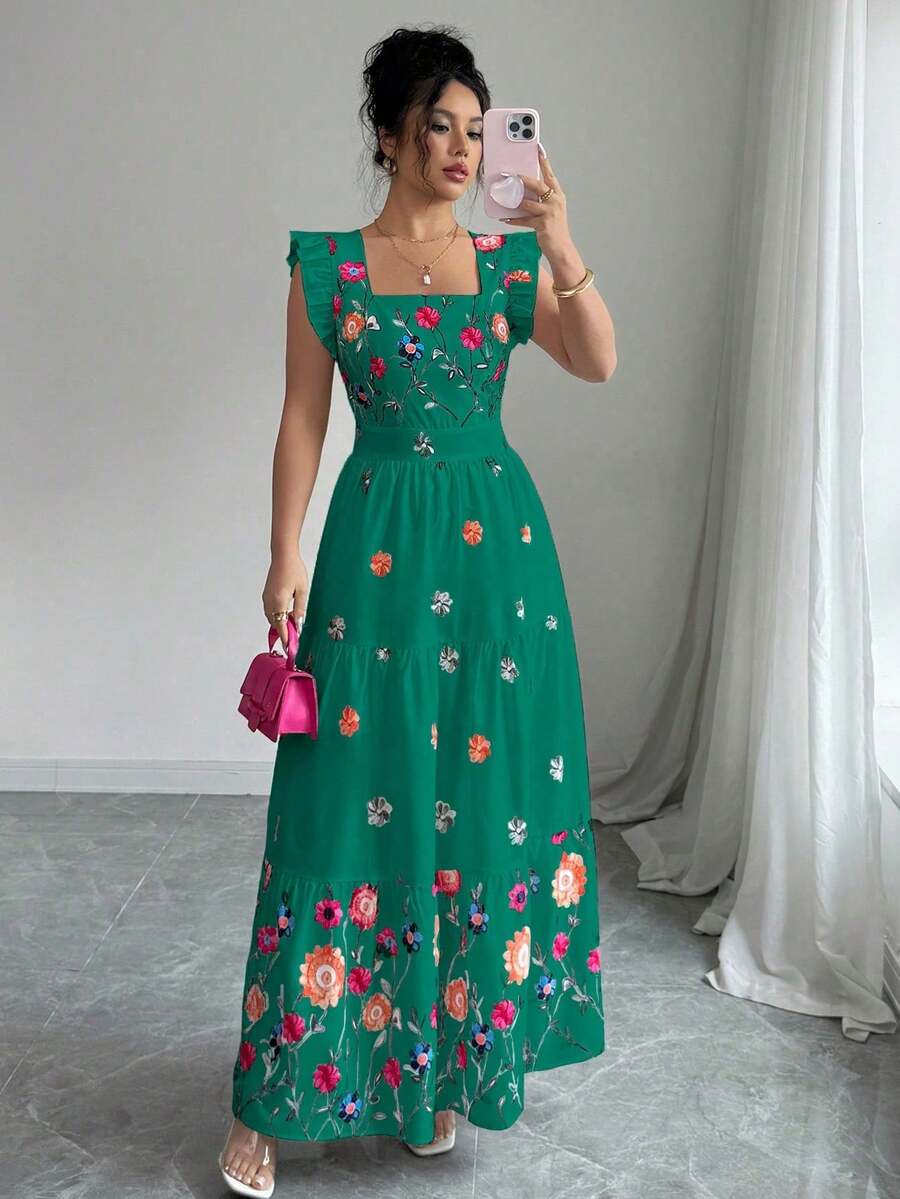 Vestido informal largo con diseño de cuello cuadrado, mangas de campana y cintura ceñida con estampado multicolor, ideal para vacaciones - Verde - Ver 1