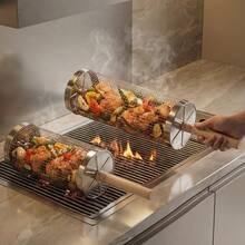 Stainless Steel Rotating Grill Basket - Removable Wooden Handle Grill Cage, Perfect For Vegetables And Meats, Essential For Outdoor Camping And Holiday Trips - A - View 5
