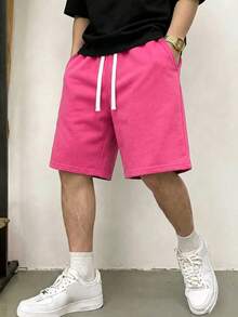 男士休闲针织短裤，时尚运动风，适合海滩穿着，百搭舒适，男女皆宜，多种颜色可选，夏季休闲款 - 玫紅色 - 查看 4
