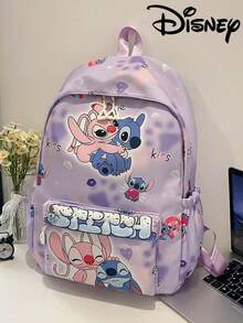 Disney Lilo Stitch & Angel 印花後背包，可愛大容量學生書包，適合青少年女孩休閒日常使用，防水輕量學生後背包 - 彩色 - 查看 12