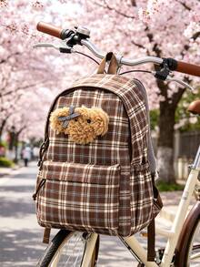 1 PC Brown Plaid Khaki Plush Travel Backpack Back To School High-End Feeling Popularized Backpack,Multifunctional And Large Capacity - Khaki - View 9