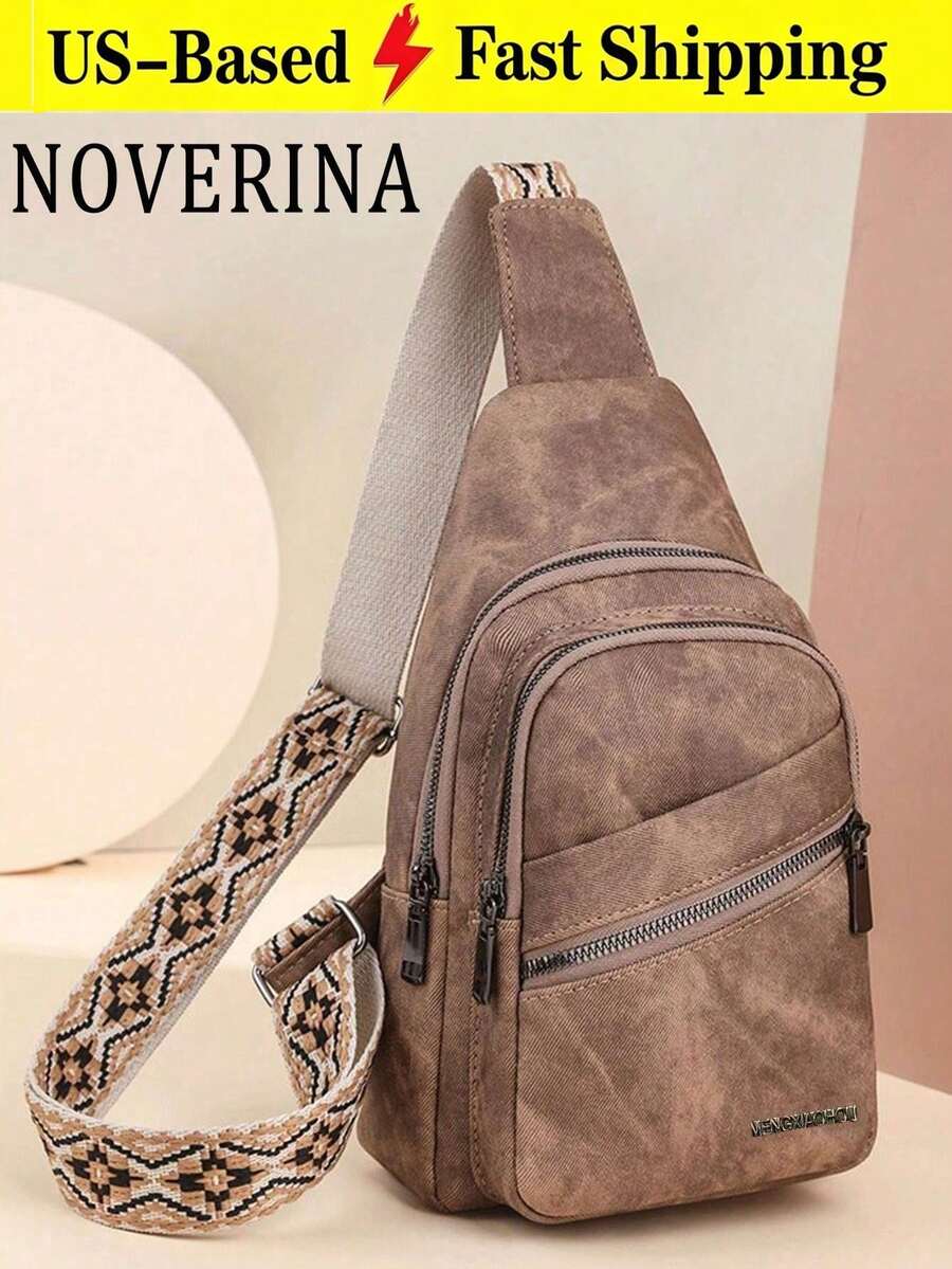 This Fashionable And Classic Versatile Solid Color Retro PU Waterproof Multi-Layer Crossbody Bag Features Edge Pocket Design,External Earphone Hole - Brown - View 1