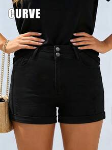 Cross-Border Plus Size Women's Straight Cut Denim Shorts With Pocket Decoration, Mid-Stretch Fabric, Creating A Relaxed And Confident Summer Vibe. - Black - View 4