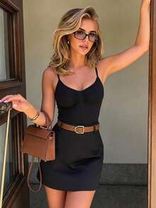 NOVELLE Women's Elegant Sexy Black 2-Piece Set, Includes Spaghetti Strap Fitted Top And High-Waisted A-Line Mini Skirt With Belt, Suitable For Vacatio - Black - View 4