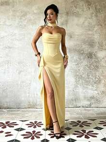 Sexy Women's Sleeveless Thigh-High Slit Knit Dress, Elegant Strapless Long Evening Gown, Suitable For Parties And Formal Occasions Summer Yellow - Yellow - View 2