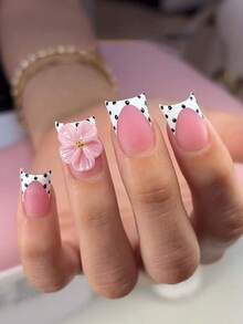 10Pcs Sweet Style Duck Bill Press On Nails, Nude Pink Polka Dot French False Nails Decorated With 3D Pink Flowers And Gold Beads, Glossy Handmade Reusable Nail Tips For Daily Work, Dating And Travel, Ideal Gift For Women. - Follow Your Heart - View 3