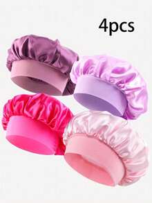 CONFLASS 4pcs/Set Women's Solid Color Wide Band Elastic Silky Satin Sleep Cap, Casual Comfortable Fashion Hair Care Sleep Cap - Multicolor - View 8