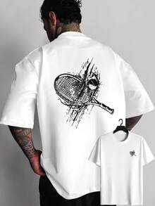 Camiseta casual para hombre con motivos de raquetas de tenis en la parte delantera y trasera, una camiseta de manga corta moderna y versátil que resalta un cultural único, adecuada p - Negro - Ver 7