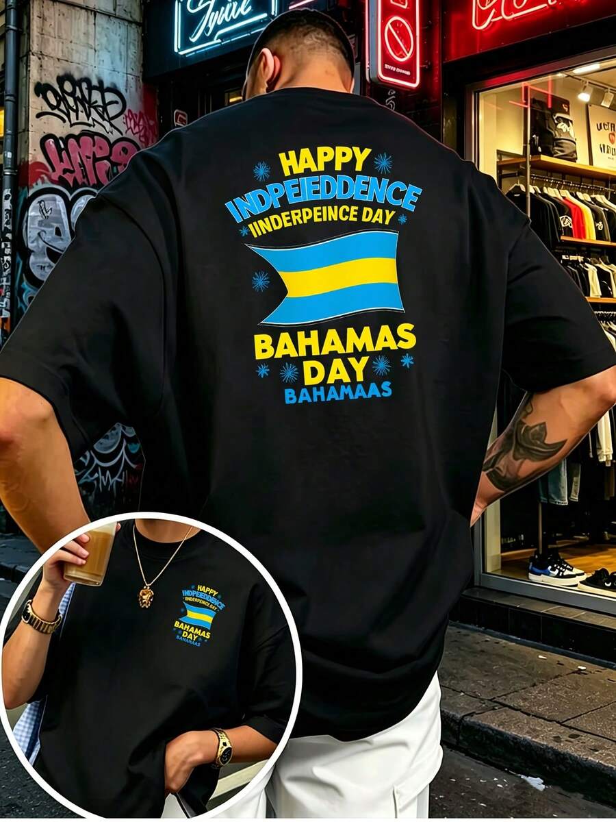 Camiseta con la bandera de las Bahamas - Impresión a doble cara, adecuada para reuniones familiares, celebraciones de oficina y eventos de equipo. |   Camiseta casual de cuello redondo, lava - Negro - Ver 1