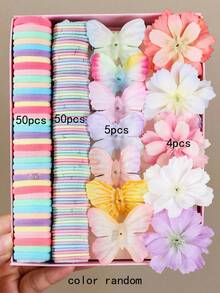 109pcs Girls Multi-Color Butterfly & Flower Hair Ties, Non-Damaging Hair Bands, Versatile Bangs & Back Head Hair Clips, Side Clips, Hair Accessories For Daily Use - Multicolor - View 9