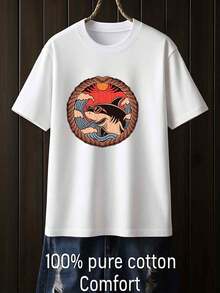 Camiseta de hombre de 180 g/² con estampado de pesca de tiburones - Blanca, de cuello redondo y manga corta, con estampado de tiburones y peces, adecuada para todas las estaciones, pa - Blanco - Ver 1
