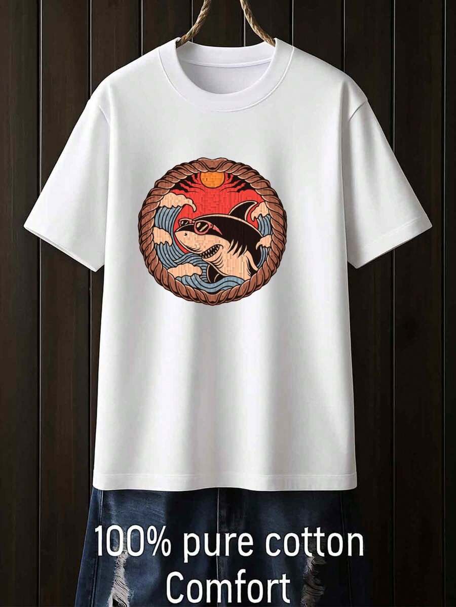 Camiseta de hombre de 180 g/² con estampado de pesca de tiburones - Blanca, de cuello redondo y manga corta, con estampado de tiburones y peces, adecuada para todas las estaciones, pa - Blanco - Ver 1