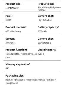 4K HD Night Vision Action Camera With Fan, 180° Rotating Lens - Hands-Free Wearable Body Camera, Suitable For Cycling, Hiking And Sports Recording, Rechargeable, Video Vlog Camera, Handheld Stabilizer Pocket Action Camera 180 Degree Rotation, Full Body Camera, Perfect For Video And Recording, Ideal For Life Documentation And Travel, 2000mAh. - Multicolor - View 4