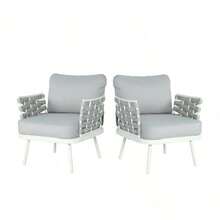 A White Set With A Floral Print And Gray, Including Two Steel Chairs. - Blanco Roto + Gris + Metal + Cuerda + Tejido Impermeable + Espuma1 - View 11