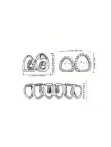 3pcs/1 Set Hollow Heart Zirconia Grillz Stone Tooth Jewelry Set,14K Gold Tooth Grill, Unisex Personalized Daily Accessories - Multicolor - View 5