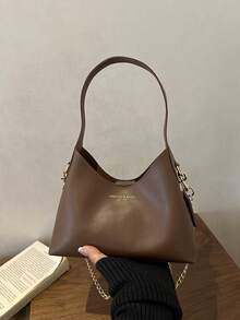 Solid Color Versatile Practical Letter Decor Gold Chain Women's Crossbody Bag, Suitable For Shopping, Wallet, Shopping, Young Women, College Students, Newcomers, White-Collar Workers. They Are Perfect For Office, University, Work, Business, Commuting, Outdoor Activities, Travel And Outings - Coffee - View 7