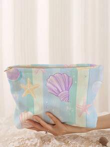 1 pieza Bolsa de almacenamiento de cosméticos portátil, patrón de serie oceánica de conchas marinas & estrellas de mar, estuche de maquillaje con cremallera de viaje con impresión de doble cara, organizador de artículos de tocador multifuncional - Multicolor - Ver 4