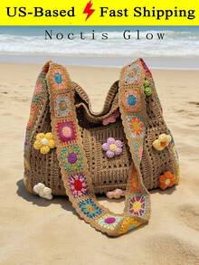 Retro Hand-Crocheted Crossbody Bag Bohemian Hollow-Out Floral Contrast Color Tote Bag Large Capacity Beach Bag Functional Boho Bag For Shopping Travel - 彩色 - 查看 1