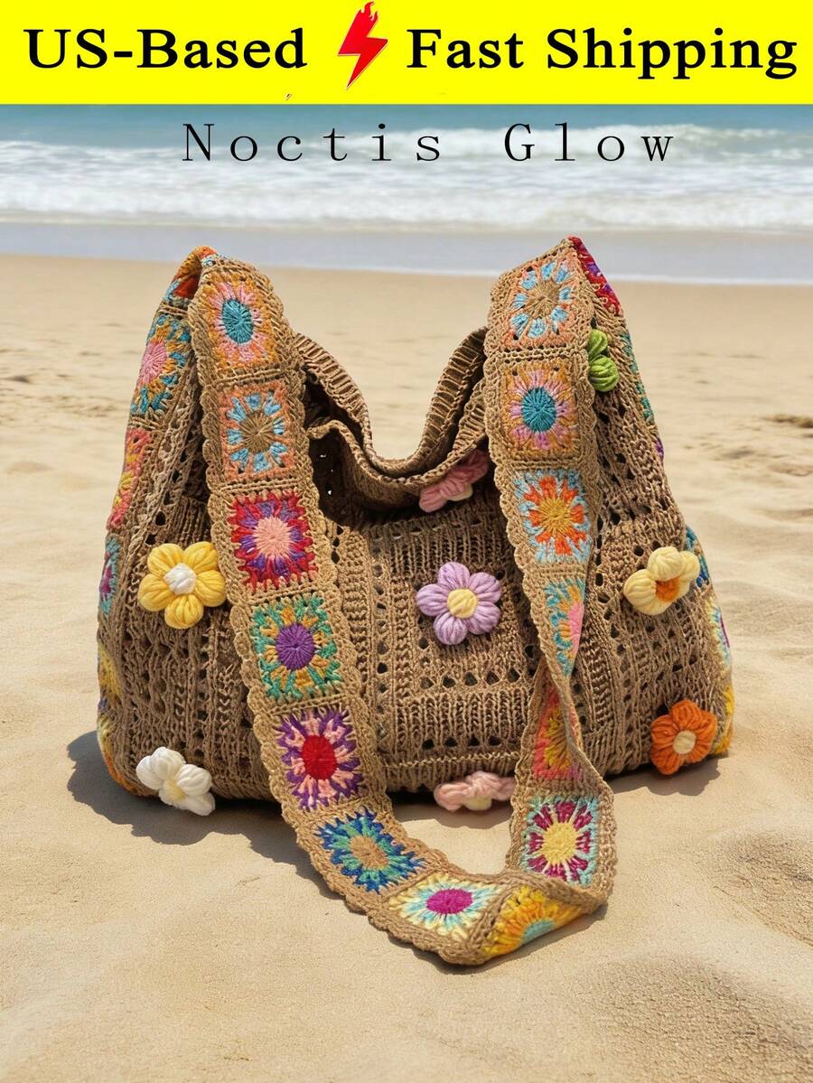 Retro Hand-Crocheted Crossbody Bag Bohemian Hollow-Out Floral Contrast Color Tote Bag Large Capacity Beach Bag Functional Boho Bag For Shopping Travel - 彩色 - 查看 1
