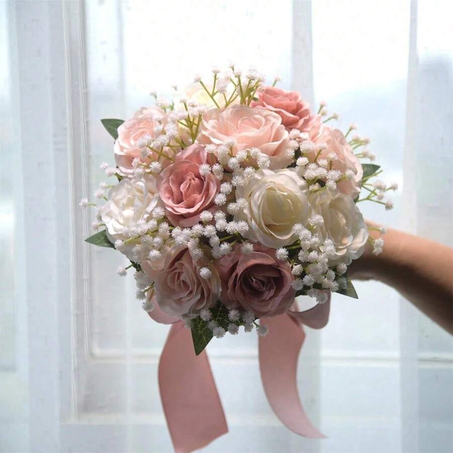 1件裝嬰兒呼吸花與玫瑰新娘婚禮花束,粉色新娘花束,婚禮人造花束,附緞帶伴娘花束,裝飾珍珠蕾絲網格玫瑰花束 - 彩色 - 查看 1