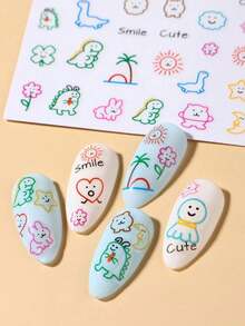 2pcs Cartoon Dinosaur Graffiti Style Nail Art Stickers, Cute Sun Face Stickers, Maple Leaf Nail Design Decoration DIY - Multicolor - View 3