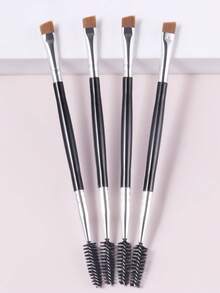 ronshadow 4pcs Black & Silver Dual-Ended Eyebrow & Eyelash Brush Set, One End Spiral Spoolie, One End Angled Blade Brow Brush, 2-In-1 Wild Brow Grooming & Filling Makeup Brush - Black - View 1