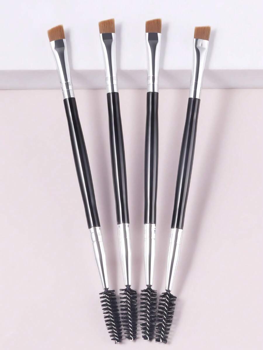 ronshadow 4pcs Black & Silver Dual-Ended Eyebrow & Eyelash Brush Set, One End Spiral Spoolie, One End Angled Blade Brow Brush, 2-In-1 Wild Brow Grooming & Filling Makeup Brush - Black - View 1