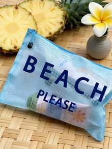 多色防水時尚網格沙灘包，附「Beach Please」印花化妝包，沙灘主題。大容量透明化妝包，尼龍拉鍊盥洗包，輕便，可收納防曬乳、比基尼和沙灘必需品。春夏收納，適合游泳、沙灘、潛水和夏季假期，學生返校，輕便防曬收納包，適合朋友、家人、好友、同學。完美的生日、節日、派對、婚禮（伴娘）、郵輪禮物和紀念品 - 彩色 - 查看 6
