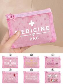 粉色愛心迷你便攜式網格醫療包，印有「Medicine」字母與十字圖案，急救醫療緊急包，戶外居家藥丸收納袋，適合旅行收納、化妝包、美容包、度假整理、護膚包、護唇油收納，母親節禮物、開學禮、生日禮物、浴室收納、學生宿舍盥洗包，送給妻子、老師、家人、朋友的禮物 (6款可選) - 彩色 - 查看 2