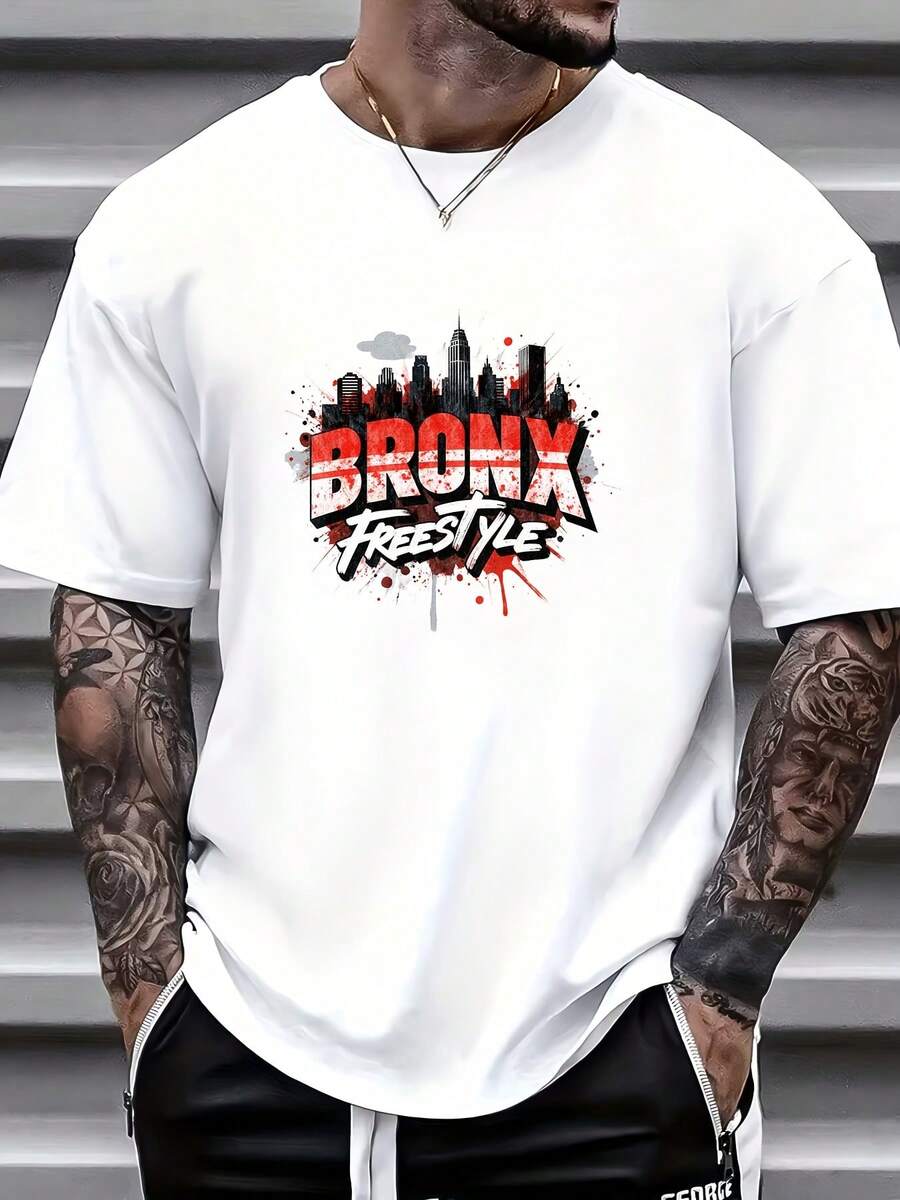 Camiseta de Hombre con Estampado Estilo Bronx de 180G - Camiseta de Manga Corta Estilo Urbano para Hombre, Atuendo Casual de Verano, Perfecta para Regalos, Hogar, Oficina, Actividades de Tea - Blanco - Ver 1