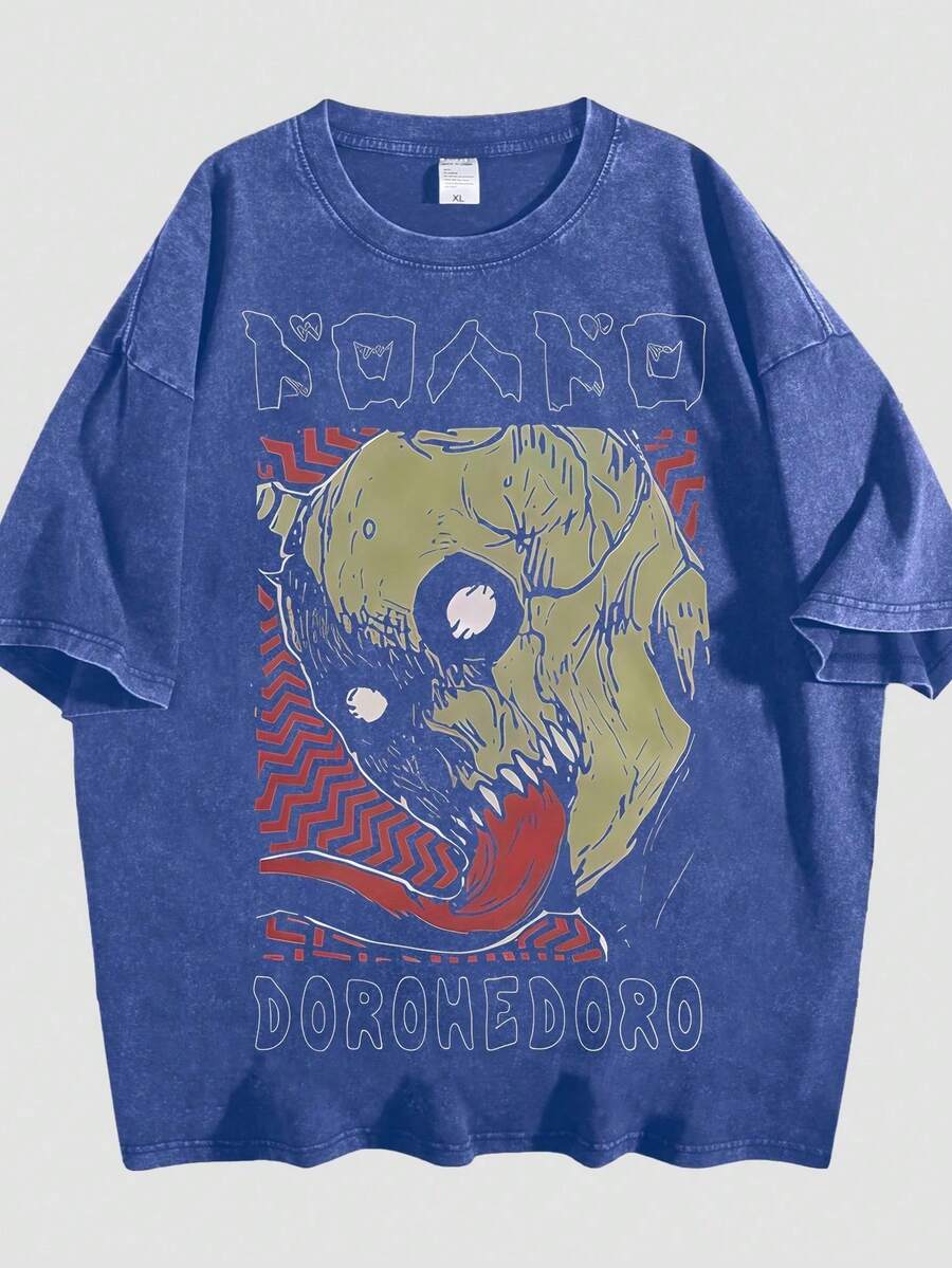 Women's Loose-Fitting Cotton Summer T-Shirt, Dark Sleeve Graphic With Retro Japanese Lettering, Lightweight Men's T-Shirt For Urban Outings And Meetings - 藍色 02 - 查看 1