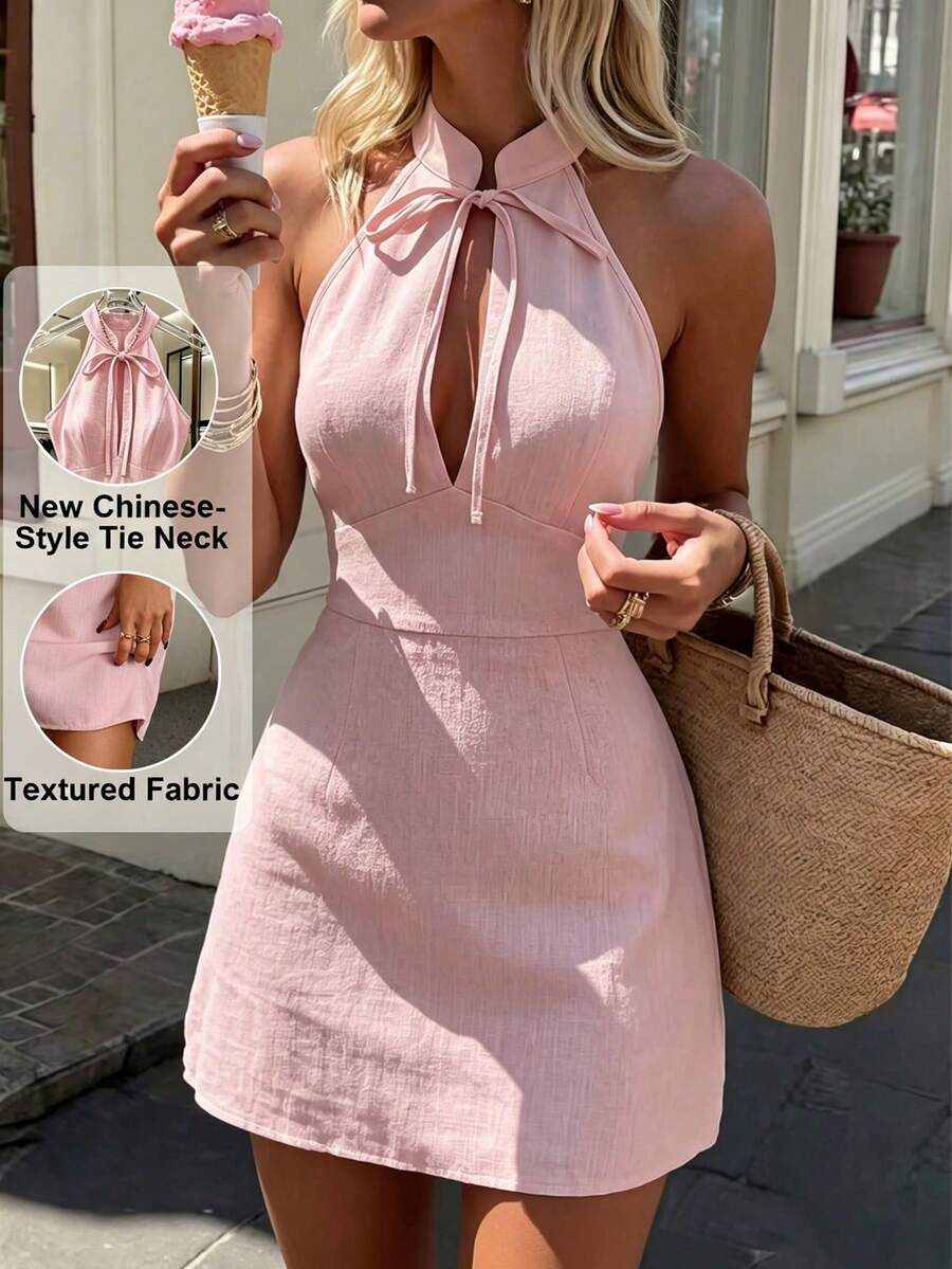 Vestido corto de mujer de verano con cuello de halter, cintura con lazo y sin mangas, adecuado para citas, reuniones, fiestas y uso diario elegante, estilizador y elegante - Rosa - Ver 1