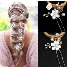 6pcs/Set Bridal Wedding Rhinestone Pearl Flower Alloy Leaf Hair Pin Set - 6-piece White Set - View 5