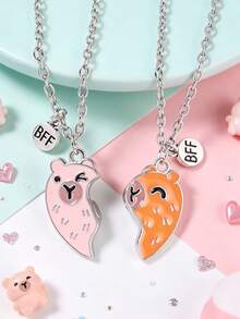 2 Pcs/Set Capybara Best Friends Pendant Necklace For Friends For School Lover Popular Geometry Adjustable Double Chain Couple Necklace Jewelry Gifts - one-size - View 9