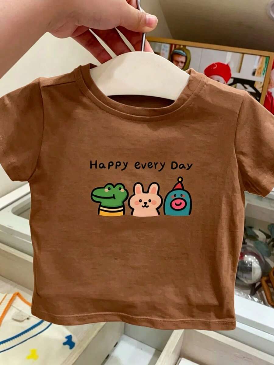 Camisetas de manga corta estampadas, sencillas, informales y bonitas para niños y niñas. - Marrón - Ver 1
