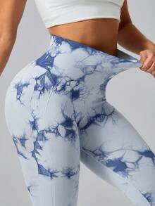 Leggings de sport pour femmes à taille haute avec contrôle du ventre, effet tie-dye, taille côtelée, gainant, élastiques et séchage rapide, pantalon de cyclisme - Bleu ciel - Voir 6