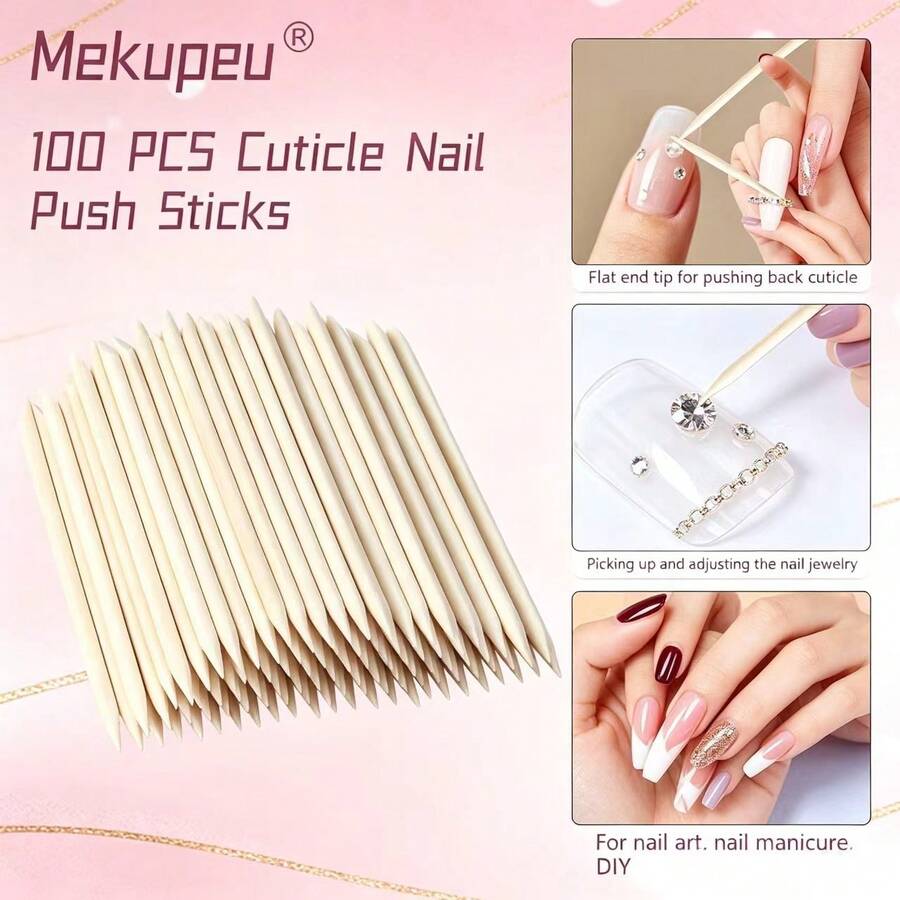 100pcs Clear Plastic Cuticle Sticks, Double-End Disposable Nail Art Tools, Multi-Purpose Manicure Pusher For Cuticle Removing, Rhinestone Picking & Glue Clean, Salon & Home DIY Nail Supplies