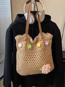 Dedoo Women's Handmade Woven Granny Square Colorblock Large Capacity Tote Bag - Khaki - View 4