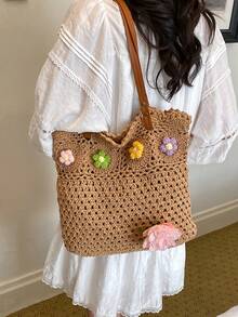 Dedoo Women's Handmade Woven Granny Square Colorblock Large Capacity Tote Bag - Khaki - View 3