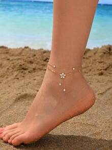 1 pieza Tobillera de mujer de acero inoxidable con colgante de flor de circonia dorada, tobillera de flor con borlas de varias capas, joyería elegante chapada en oro de 18K, adecuada para uso diario, citas o playa de verano de la mujer - Dorado - Ver 2