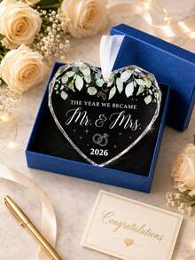 Gift Box Transparent Crystal Glass Ornament, Mr&Mrs Wedding Keepsake Pendant, Newlywed Couple Christmas Tree Hanging Decor, Valentine's Day Gift, Bridal Shower Party Favor, Anniversary And Mother's Day Newlywed Couple Gift - Heart-shaped Pendant Set - View 6