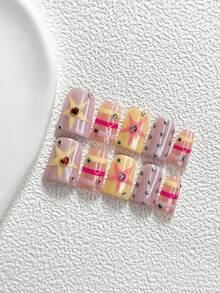 10件組可愛手工穿戴甲，Polygel美甲套組，星星、條紋與水鑽裝飾，粉色與黃色指甲油，休閒風格，附美甲工具，3種尺寸可選，杏仁、鴨嘴、棺材形，適合派對、跳舞、日常配戴 - 彩色 - 查看 2