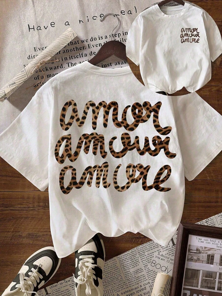 Women's Casual Short Sleeve Crew Neck T-Shirt With Leopard Print "More Love", Autumn, Back To School, Summer Clothing - 白色 - 查看 1