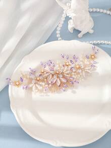 1pc Elegant Handmade Pearl Flower Hair Comb, Vibrant Red Crystal Accessory For Wedding Dress, Bridal Headpiece For Banquet, Birthday, Princess - Mauve Purple - View 3