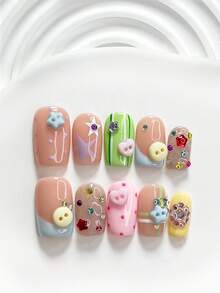 10件組可愛手工穿戴式美甲，Polygel美甲套組，水鑽裝飾，藍色、粉色與黃色指甲油，清新風格，附美甲工具，3種尺寸可選，方形、短方形、杏仁形，適合派對、跳舞、日常配戴 - 彩色 - 查看 12