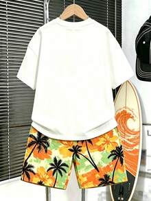 2pcs/Set Pakaian Kasual Liburan Anak Laki-laki, Kaos Lengan Pendek Leher Bulat Motif Huruf California dan Celana Pendek Longgar yang Nyaman, Musim Semi/Panas - Putih - View 3