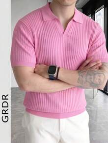 Men's Solid Color Casual Versatile Commute Knit Short Sleeve Top - Pink - View 3
