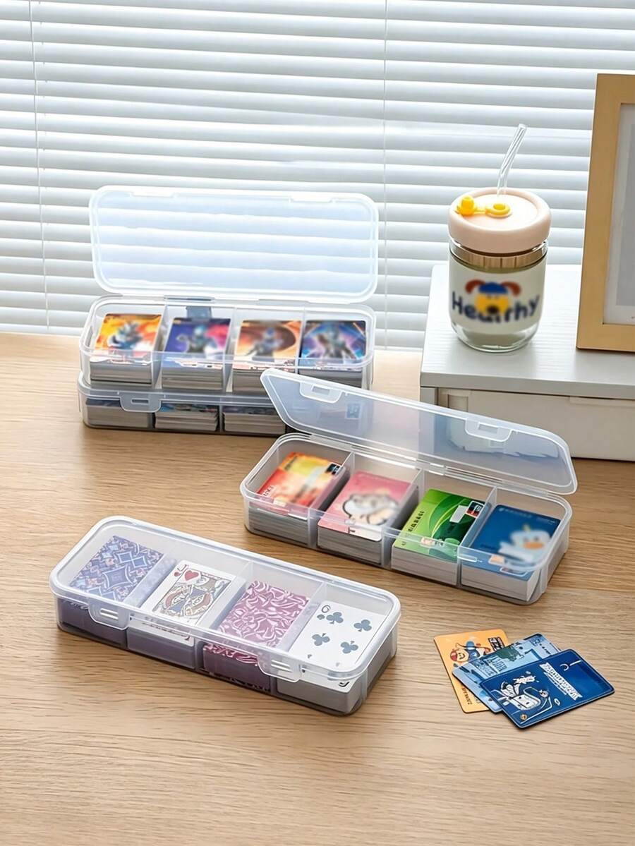 4-Slot Card Storage Box, Poker Card Organizer, Transparent PP Snap-Lock Small Box, Portable Business Card Holder With Lid, Plastic Card Deck Box, Office Desk Divider Storage Box, Trading Card Game Supplies - Multicolor - View 1