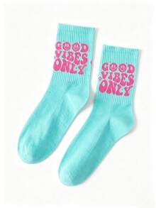 1/4雙卡通笑臉字母 GOOD VIBES ONLY 女款中筒襪 - 藍色 - 查看 2