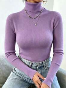 Women's Knitted Turtleneck Sweater, Basic Wool, Fashion, Super Eenvio!!! - 薰衣草 - 查看 2